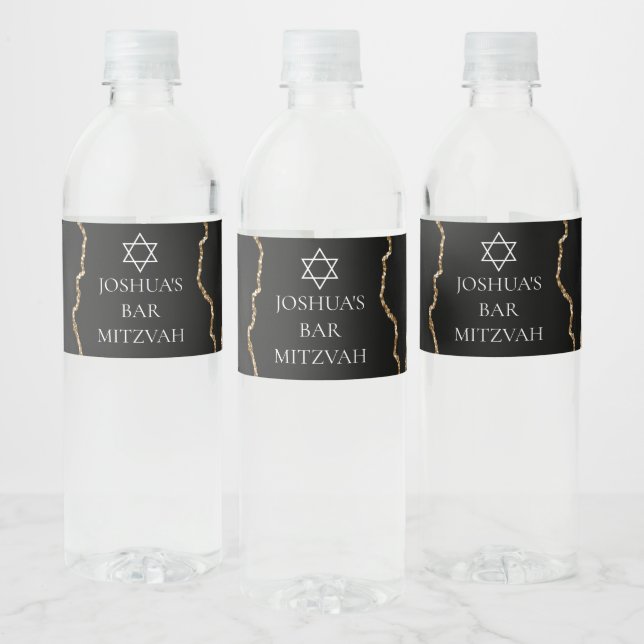 Chic Black Gold Agate Bar Mitzvah Custom Party Water Bottle Label (Bottles)
