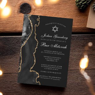 Chic Black Gold Agate Bar Mitzvah Party Invitation