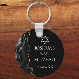 Chic Black Gold Agate Bar Mitzvah Party Keychain