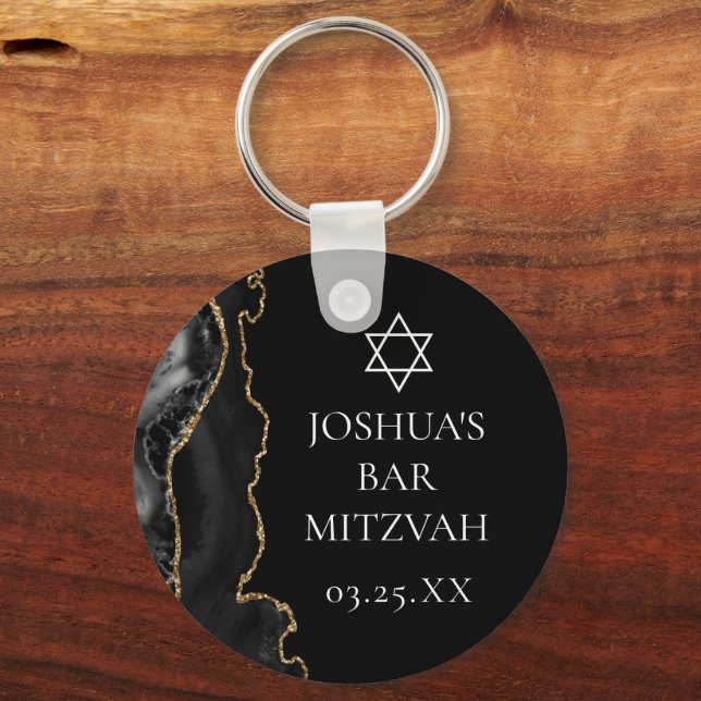 Chic Black Gold Agate Bar Mitzvah Party Keychain (Front)