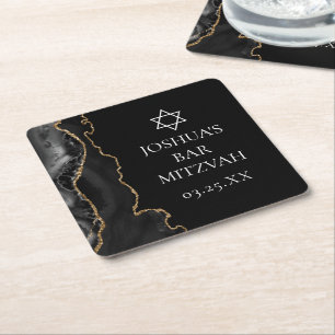 Chic Black Gold Agate Bar Mitzvah Party Square Paper Coaster