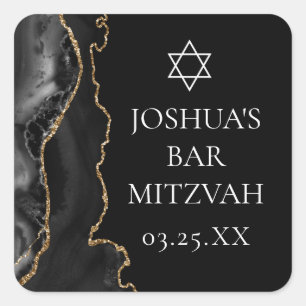 Chic Black Gold Agate Bar Mitzvah Party Square Sticker