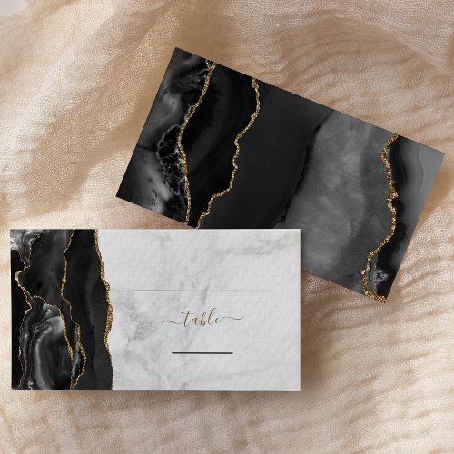 Chic Black Gold Agate Marble Wedding Escort Place Card