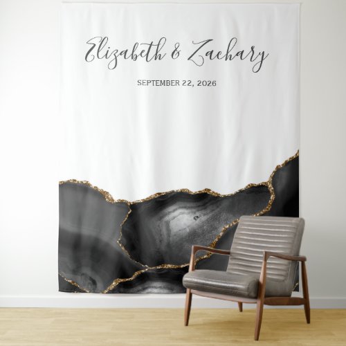 Chic Black Gold Agate Wedding Photo Booth Tapestry