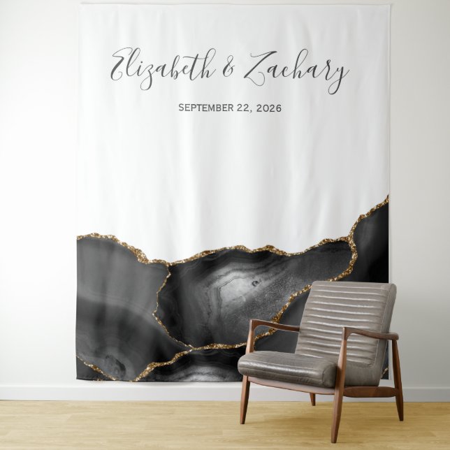 Chic Black Gold Agate Wedding Photo Booth Tapestry (In Situ)