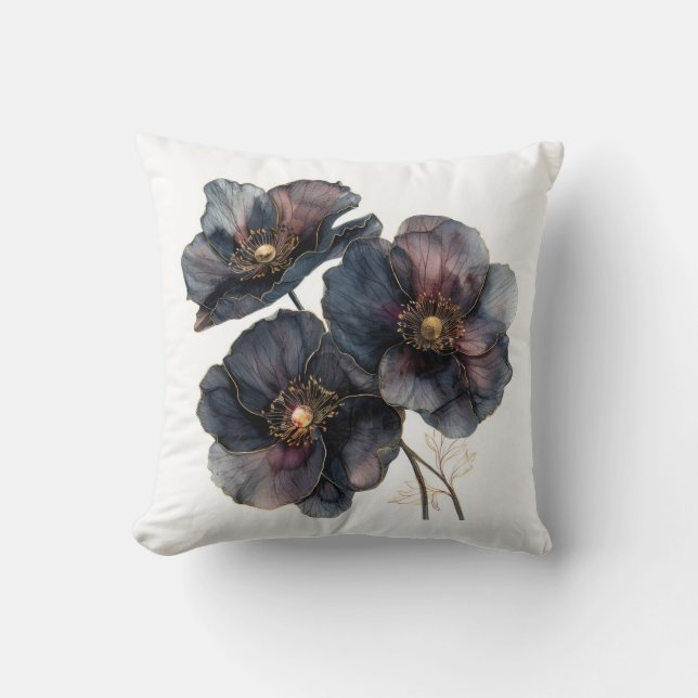 Chic black gold and burgundy watercolor flowers throw pillow (Front)