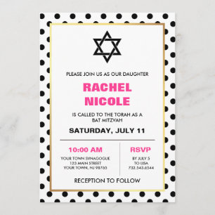 Chic Black Gold and Pink Polka Dots Bat Mitzvah Invitation