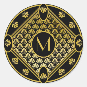 Chic Black & Gold Art Deco Fan Pattern Monogram Classic Round Sticker