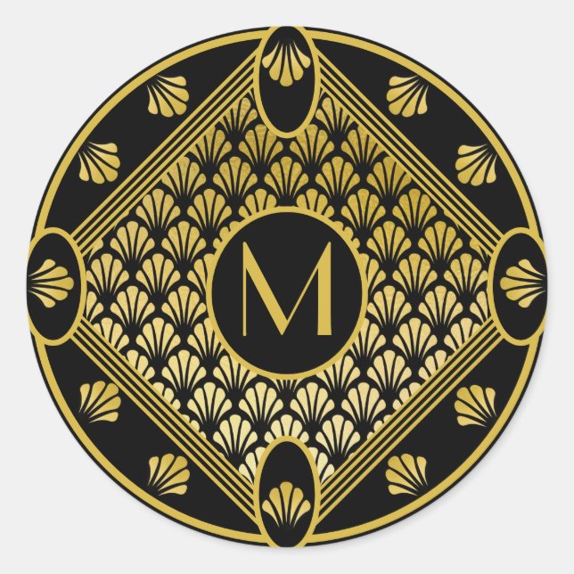 Chic Black & Gold Art Deco Fan Pattern Monogram Classic Round Sticker (Front)