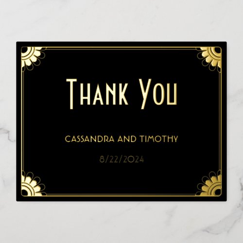 Chic Black Gold Art Deco Floral Wedding Thank You Foil Invitation Postcard