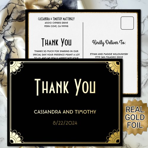 Chic Black Gold Art Deco Floral Wedding Thank You Foil Invitation Postcard