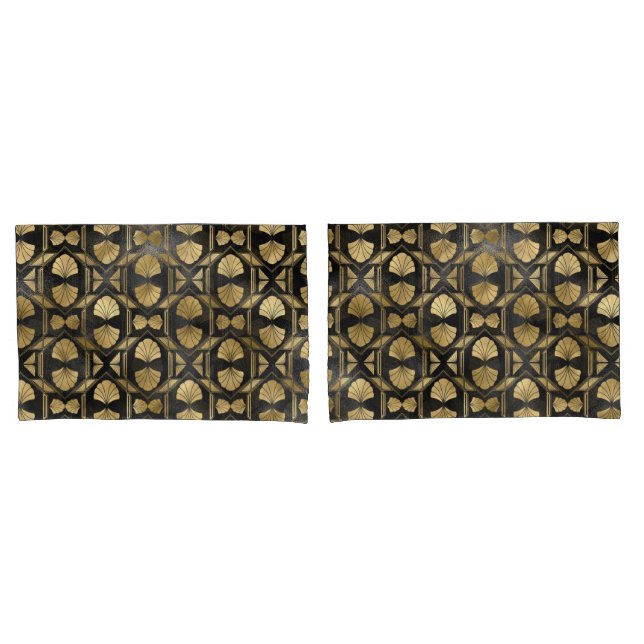 Chic Black & Gold Art Deco Shell Pattern Pillow Case (Front-Set)