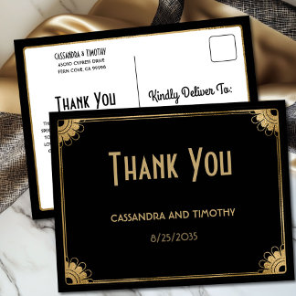 Chic Black Gold Art Deco Vintage Wedding Thank You Postcard