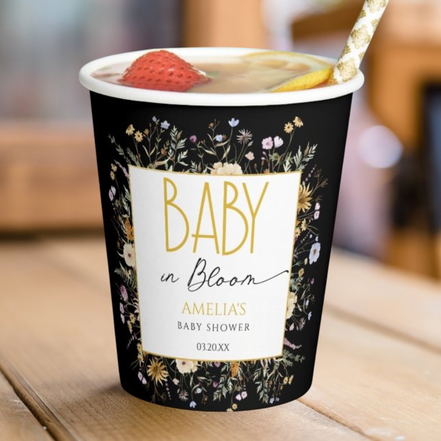 Chic Black Gold Baby Shower Floral Paper Cups (Creator Uploaded)