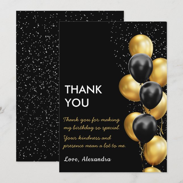 Chic Black Gold Balloon  Thank You Card (Front/Back)