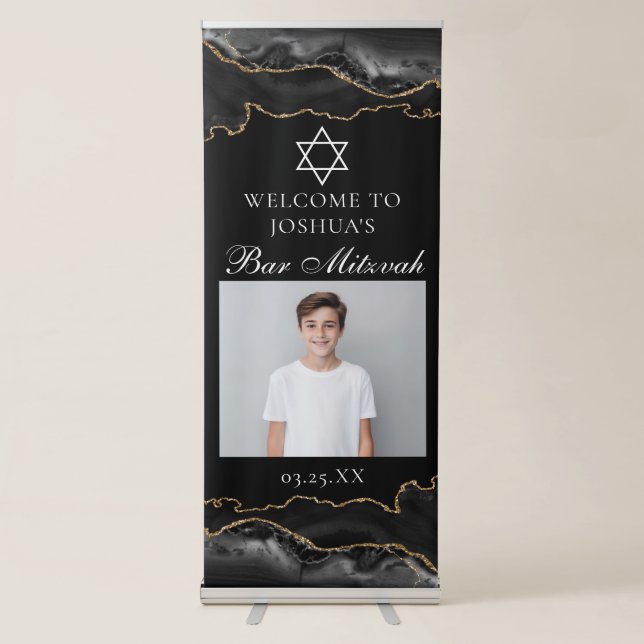 Chic Black Gold Bar Mitzvah Party Photo Retractable Banner (Front)