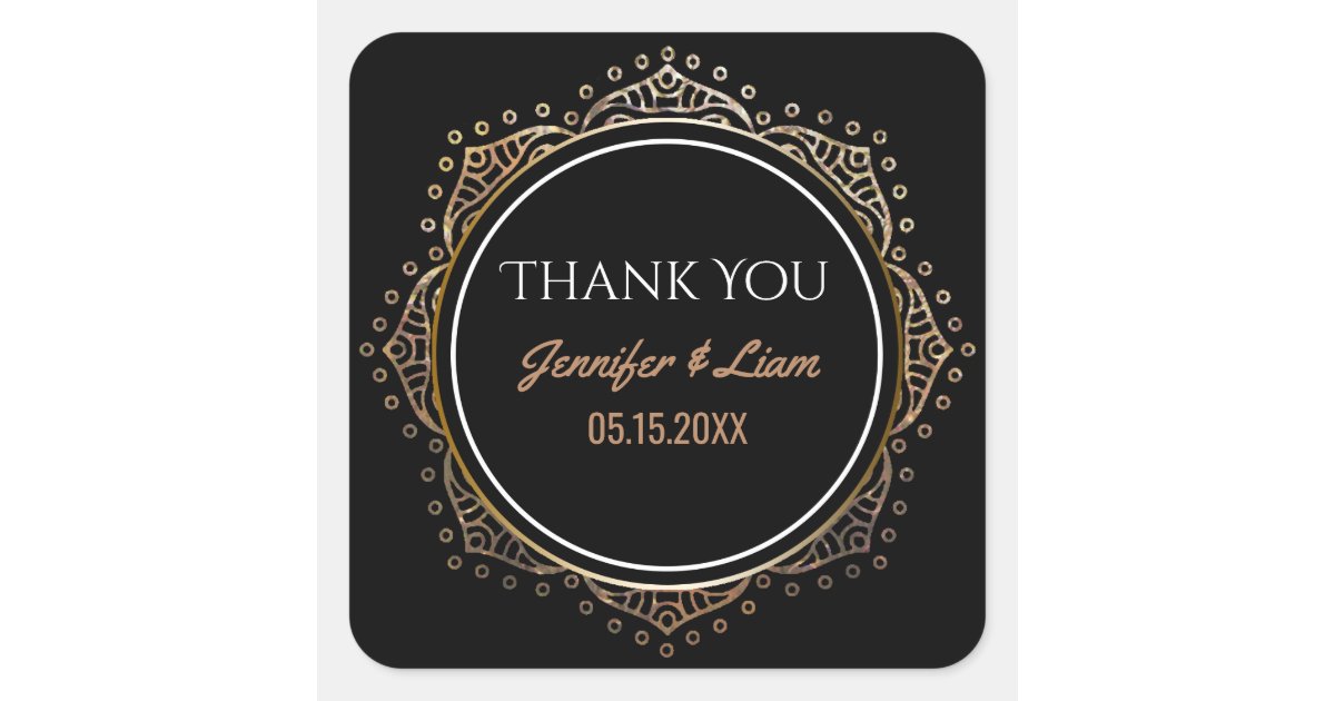 Chic Black Gold Boho Wedding | Thank You Favor Square Sticker | Zazzle