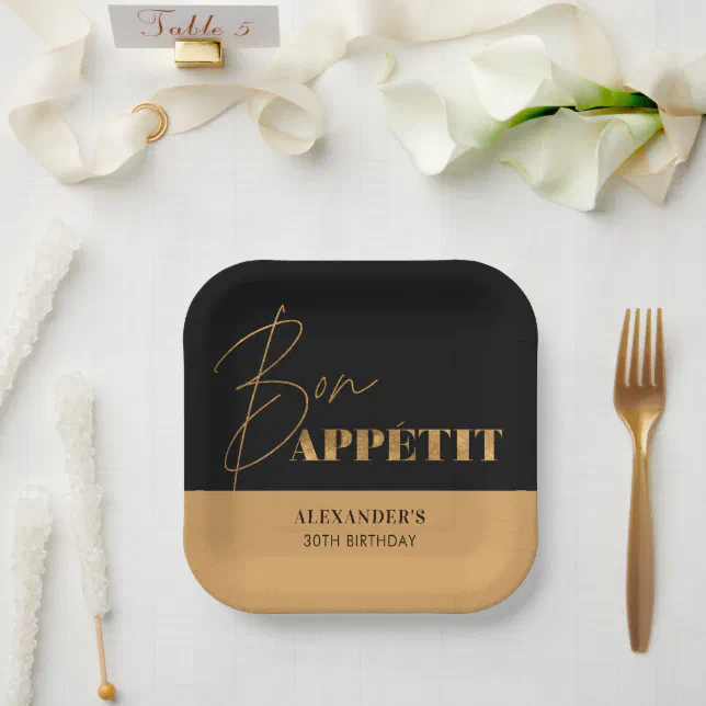 Chic Black Gold Bon Appétit Script Birthday Paper Plates | Zazzle