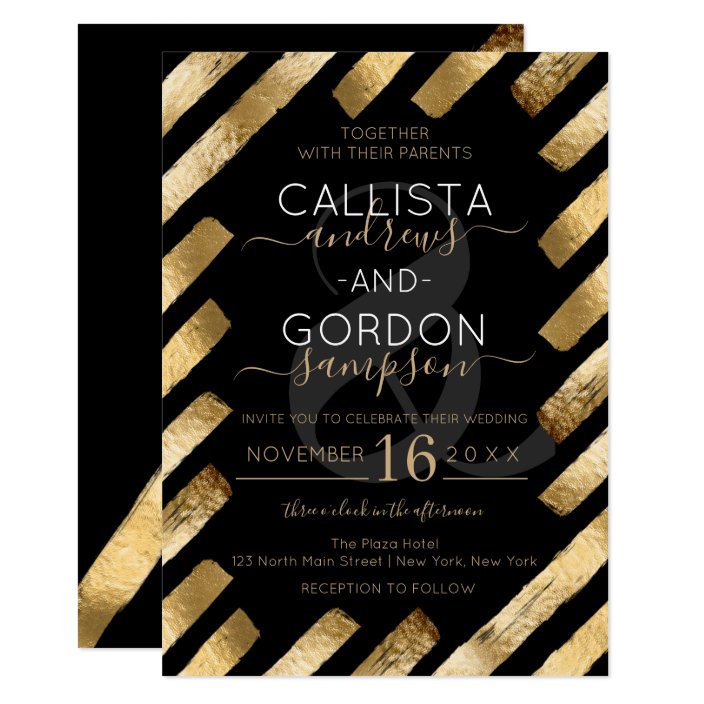 Chic Black Gold Brushstroke Stripe Border Wedding Invitation | Zazzle.com