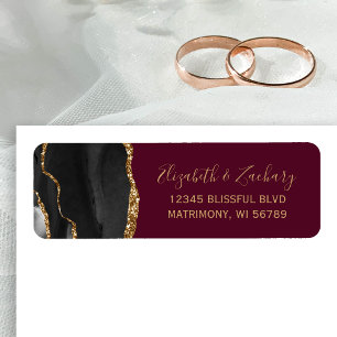 Chic Black Gold Burgundy Wedding Return Address Label