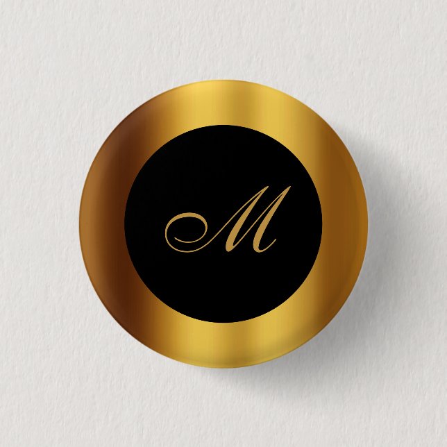 Chic Black Gold Calligraphy Border Monogram Button (Front)