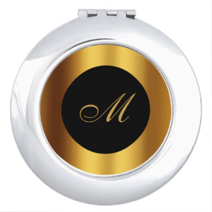 Chic Black Gold Calligraphy Border Monogram Compact Mirror