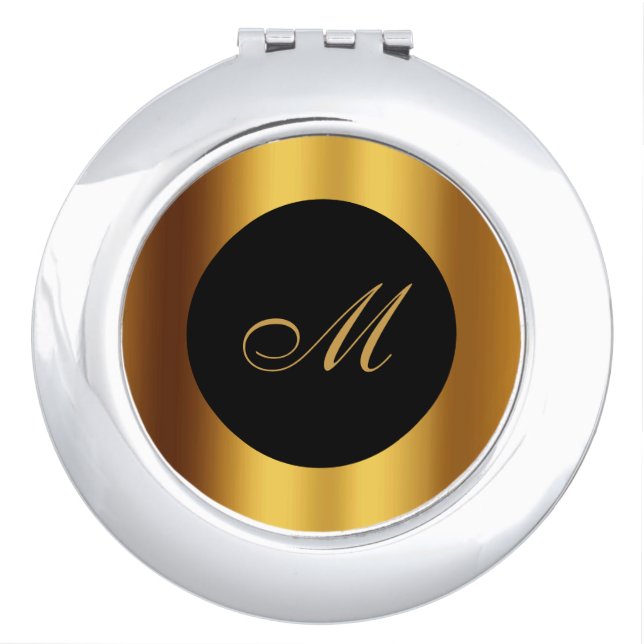 Chic Black Gold Calligraphy Border Monogram Compact Mirror (Front)