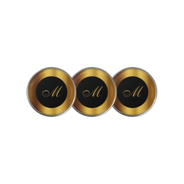 Chic Black Gold Calligraphy Border Monogram Golf Ball Marker (3 Up)