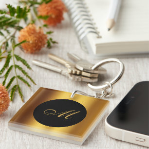Chic Black Gold Calligraphy Border Monogram Keychain