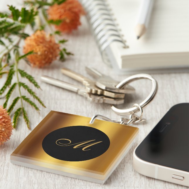 Chic Black Gold Calligraphy Border Monogram Keychain (Front Right)