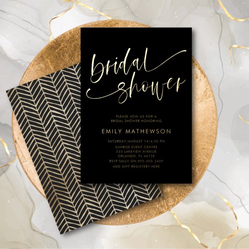 Chic Black  Gold Calligraphy Bridal Shower Foil Invitation