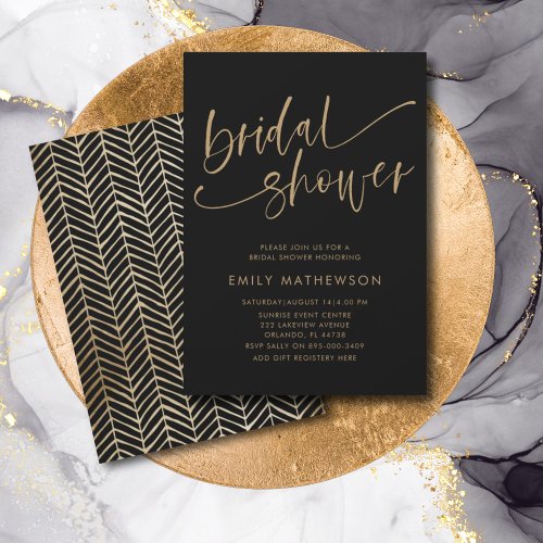 Chic Black  Gold Calligraphy Bridal Shower Invitation