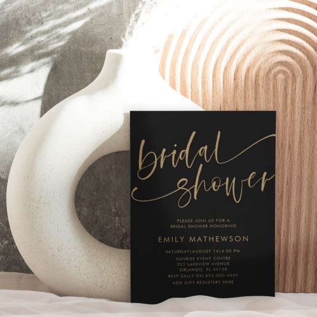 Chic Black & Gold Calligraphy Bridal Shower Invitation