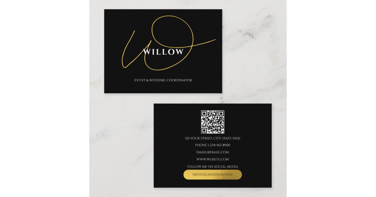 Chic Black & Gold Calligraphy Script QR Code Business Card | Zazzle