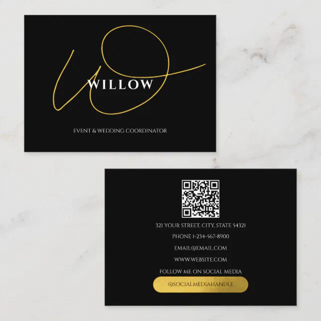 Chic Black & Gold Calligraphy Script QR Code Business Card | Zazzle
