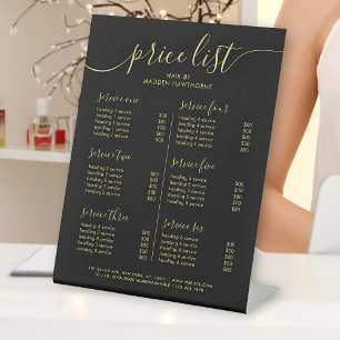 Chic Black Gold Calligraphy Service Price List Pedestal Sign