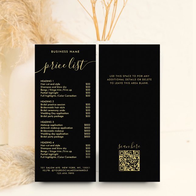 Chic Black Gold Calligraphy Services Price List Rack Card (Creator Uploaded)
