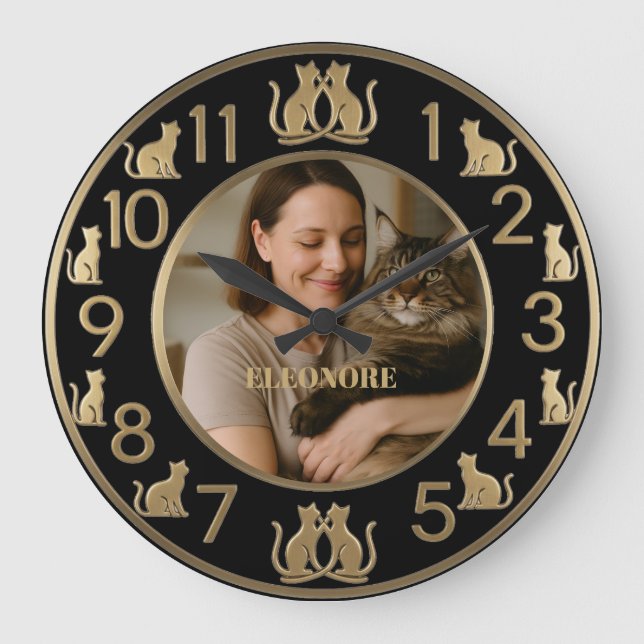 Chic Black & Gold Cat Lover's Wall Clock (Front)