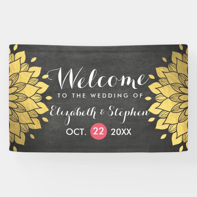 Chic Black & Gold Chalkboard Floral Wedding Banner