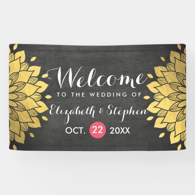 Chic Black & Gold Chalkboard Floral Wedding Banner (Horizontal)