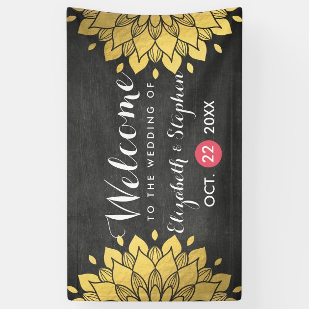 Chic Black & Gold Chalkboard Floral Wedding Banner