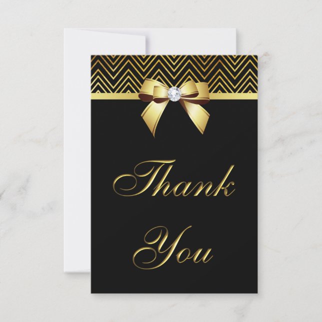Chic Black Gold Chevrons Diamond Bow Thank You Card (Front)