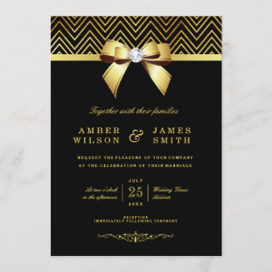 Chic Black Gold Chevrons Diamond Bow Wedding Invitation