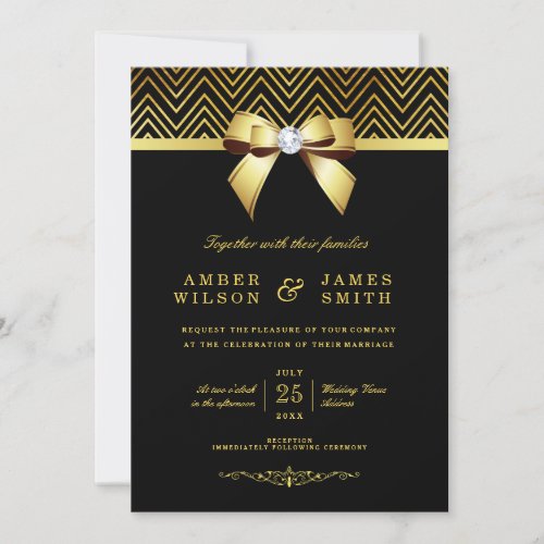 Chic Black Gold Chevrons Diamond Bow Wedding Invitation