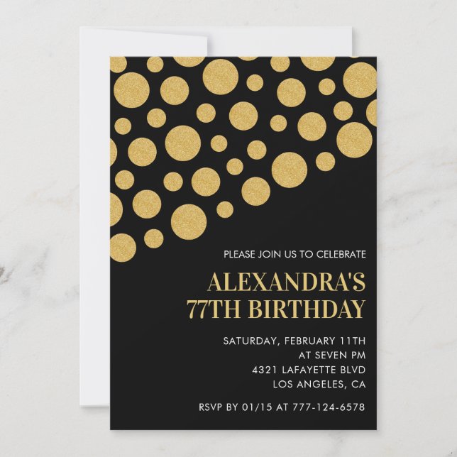 Chic Black Gold Confetti 77th birthday Invitation (Front)