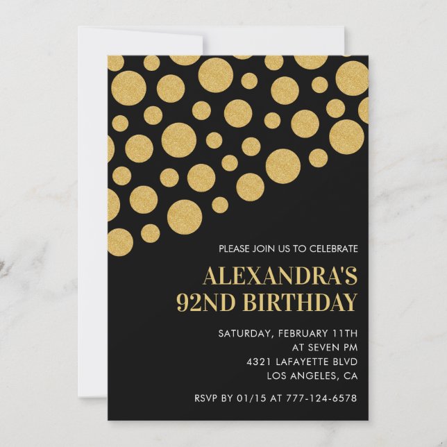 Chic Black Gold Confetti 92nd birthday Invitation (Front)