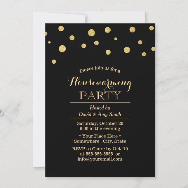 Chic Black & Gold Confetti Dots Housewarming Invitation (Front)