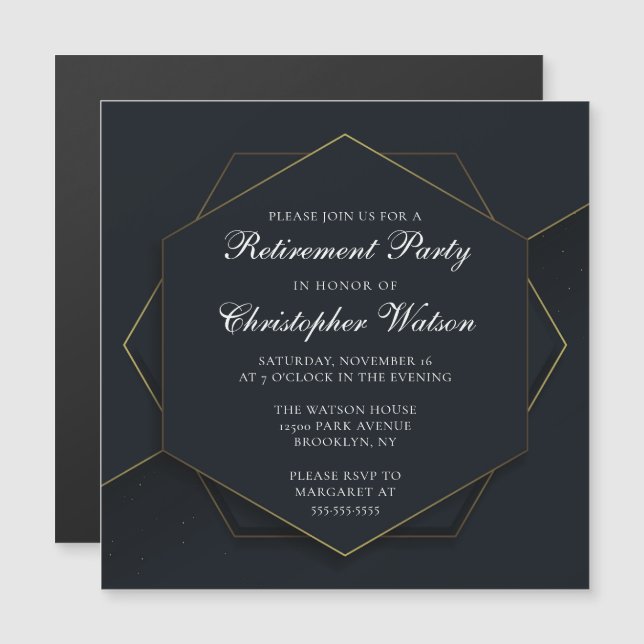 Chic Black Gold Custom Retirement Party Magnetic Invitation (Front/Back)