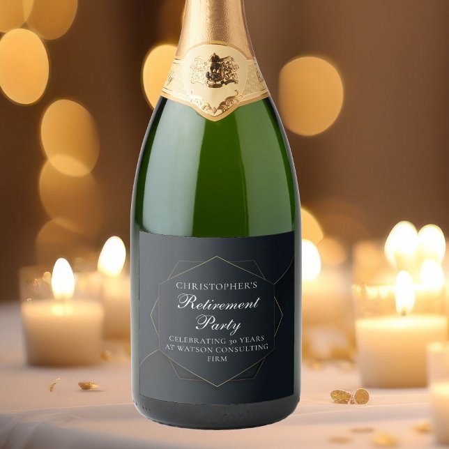 Chic Black Gold Custom Retirement Party Sparkling Wine Label (Creator Uploaded)
