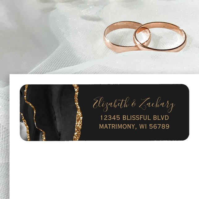 Chic Black Gold Dark Wedding Return Address Label (Creator Uploaded)